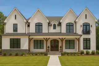 Front view of a French Country style home with painted white brick, stone foundation, black window trim, and wood columns framing the front porch entry