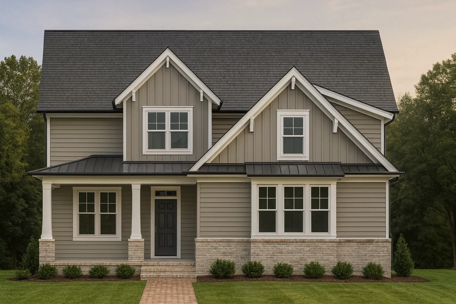 Front elevation of Modern Farmhouse style home featuring board and batten siding, gable rooflines, and welcoming covered porch entry