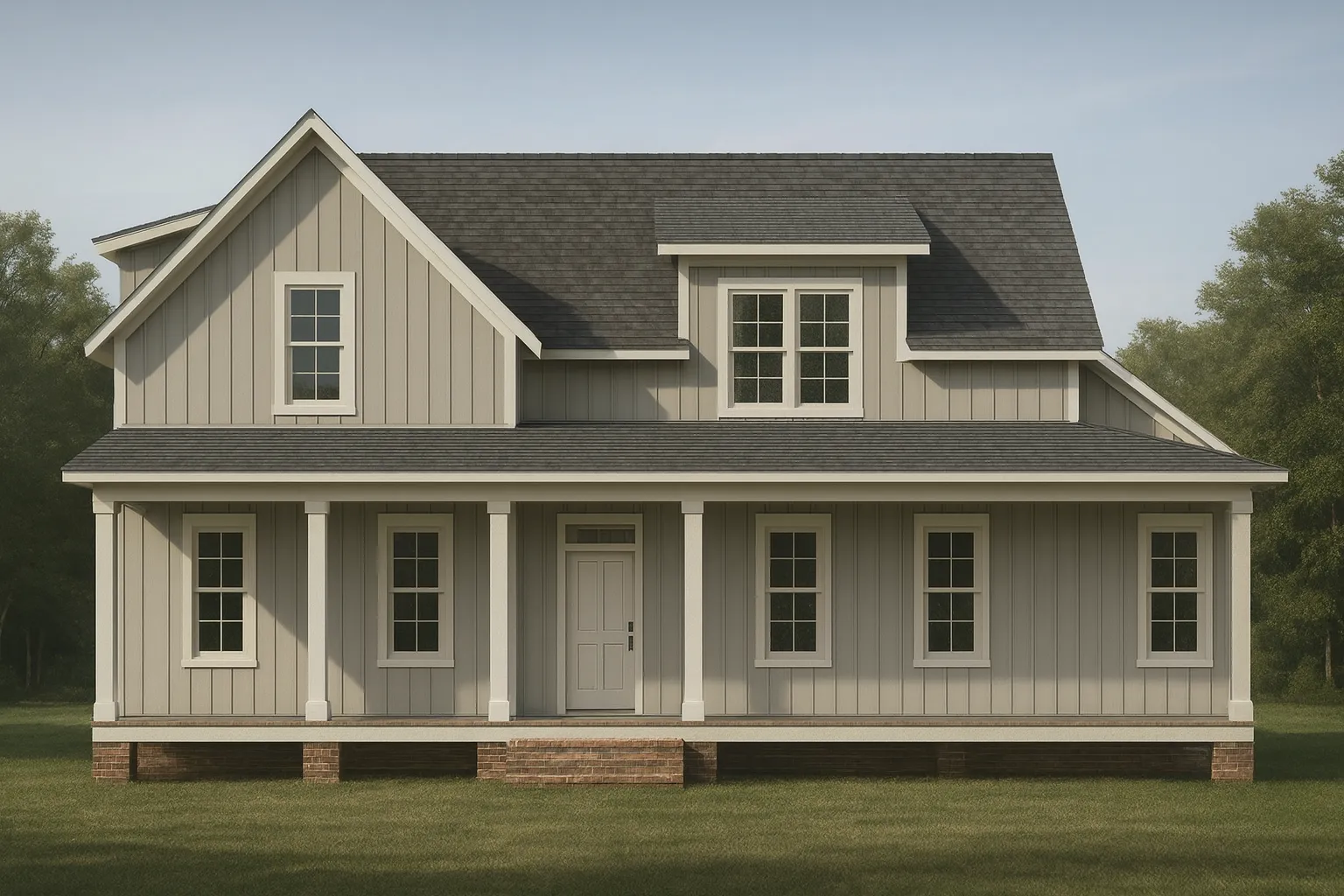 Front view of a Modern Farmhouse Cottage style home with board and batten siding, shingle gable accent, and inviting front porch entry