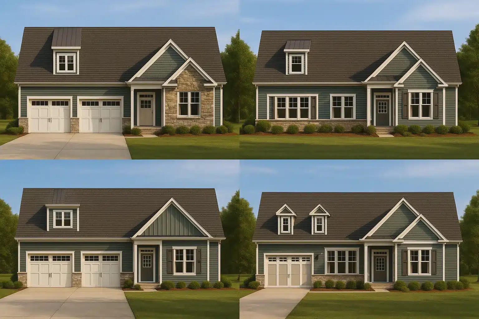 Front view of Modern Farmhouse style home featuring white siding, stone accents, black roof, and double garage