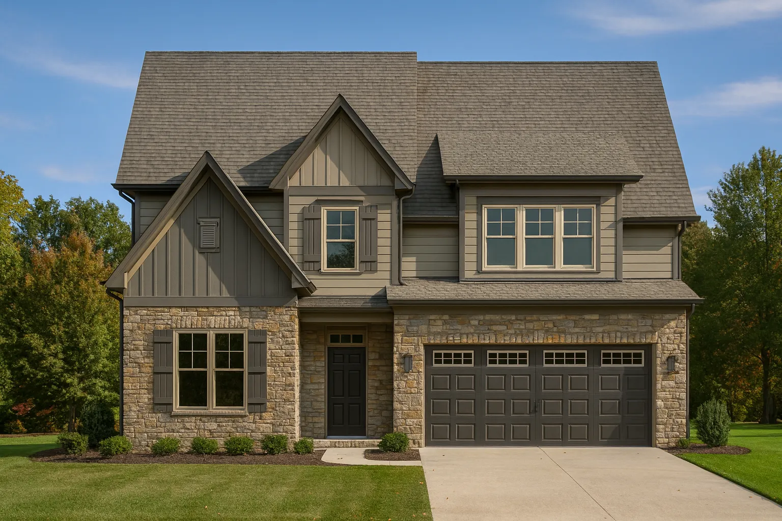 Front view of Modern Farmhouse home featuring board and batten siding, horizontal lap siding, stone base, and two-car garage under gabled rooflines