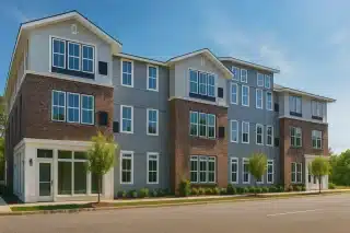 Front view of a modern urban apartment complex featuring a mix of brick and horizontal siding with large windows and clean, contemporary lines
