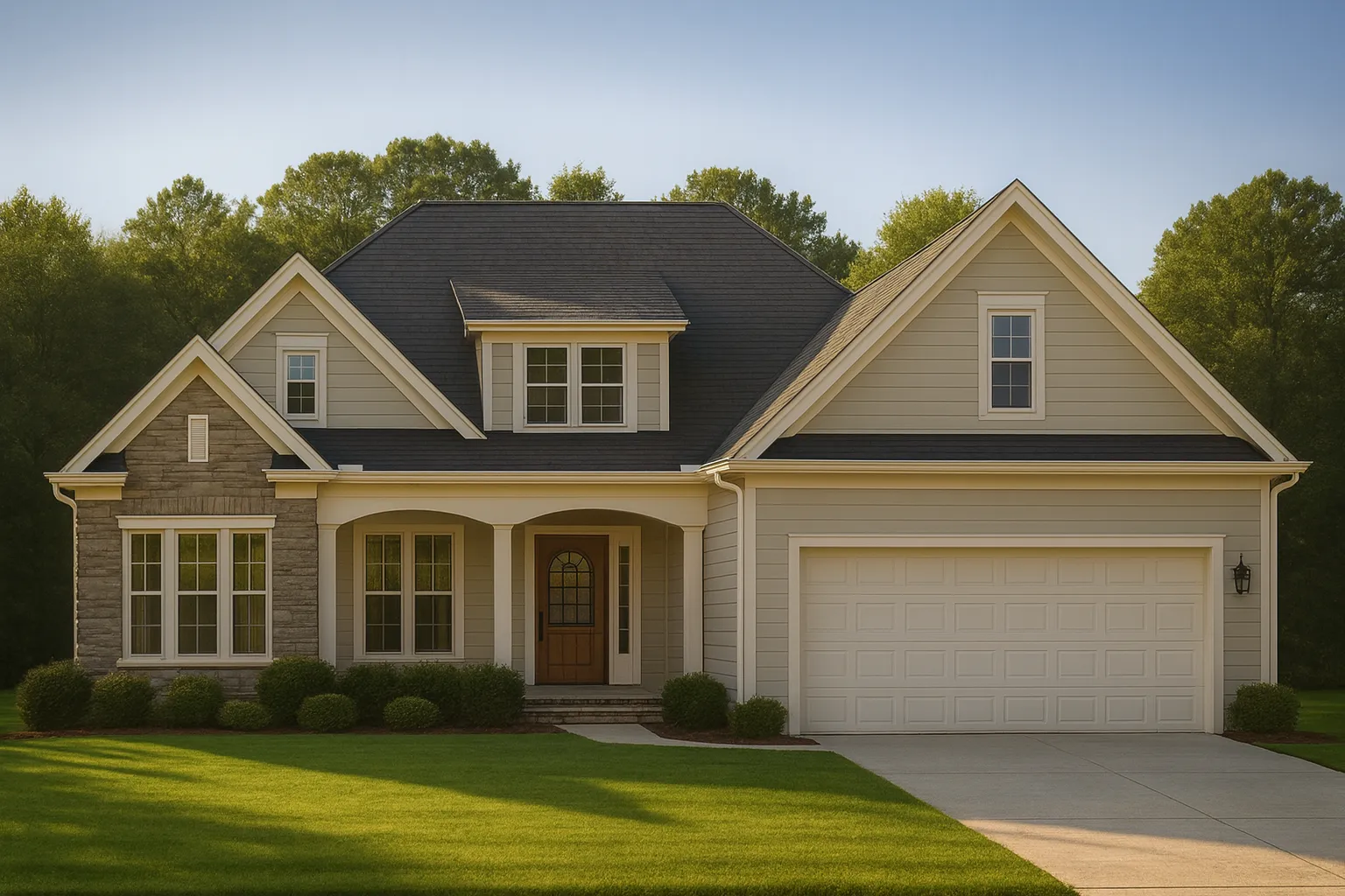 Front elevation of a New American Modern Traditional style home featuring a mix of siding and stone veneer, welcoming porch, and gabled roofline