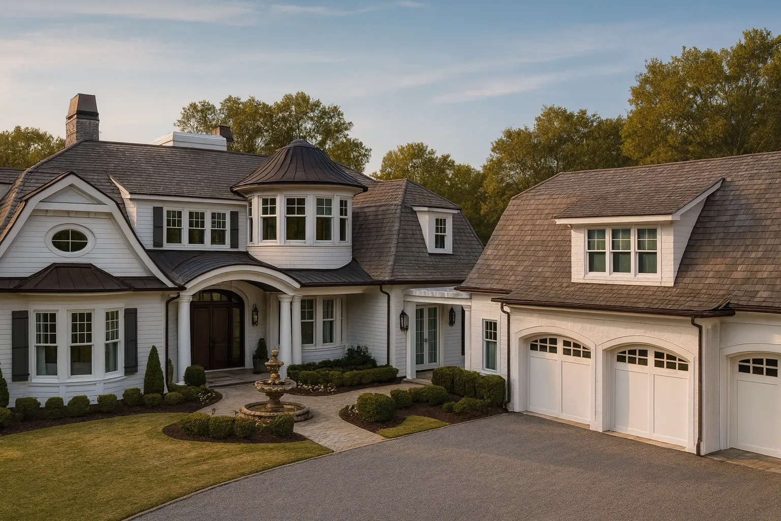 Front view of a Shingle Style Coastal home featuring classic shingle siding, natural wood roofing, arched dormers, white trim, and symmetrical architecture