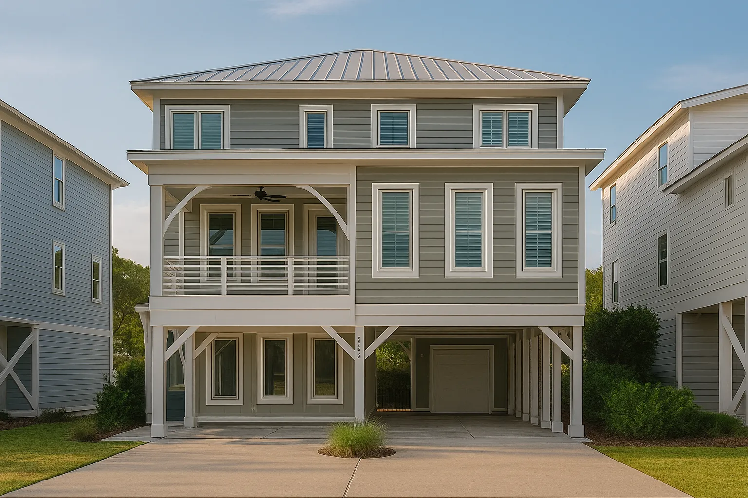 Front view of a Coastal Beach style home featuring horizontal siding, elevated structure with covered carport, and a front balcony framed by elegant arches and trim details