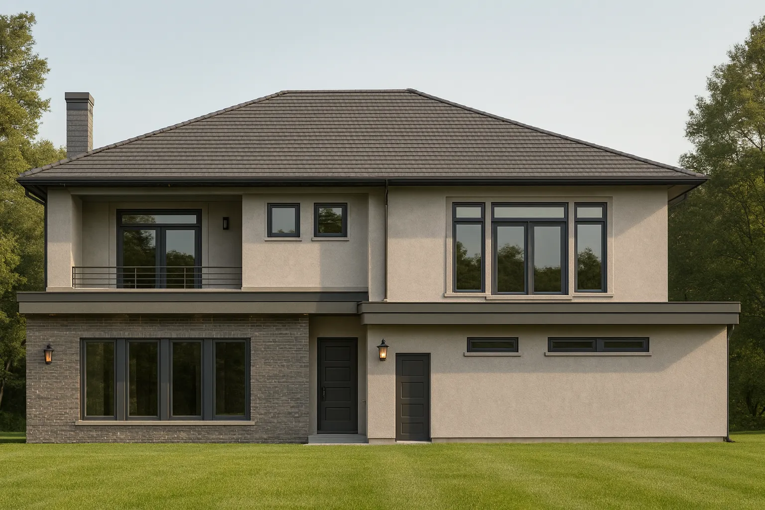 Rear elevation of a Traditional Brick two-story home with symmetrical design, multi-pane windows, and classic proportions under a low-hip roof