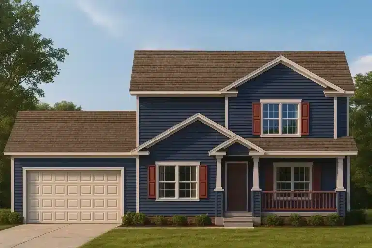 Front elevation of a Traditional Colonial style two-story home with blue siding, red shutters, and a covered front porch entry