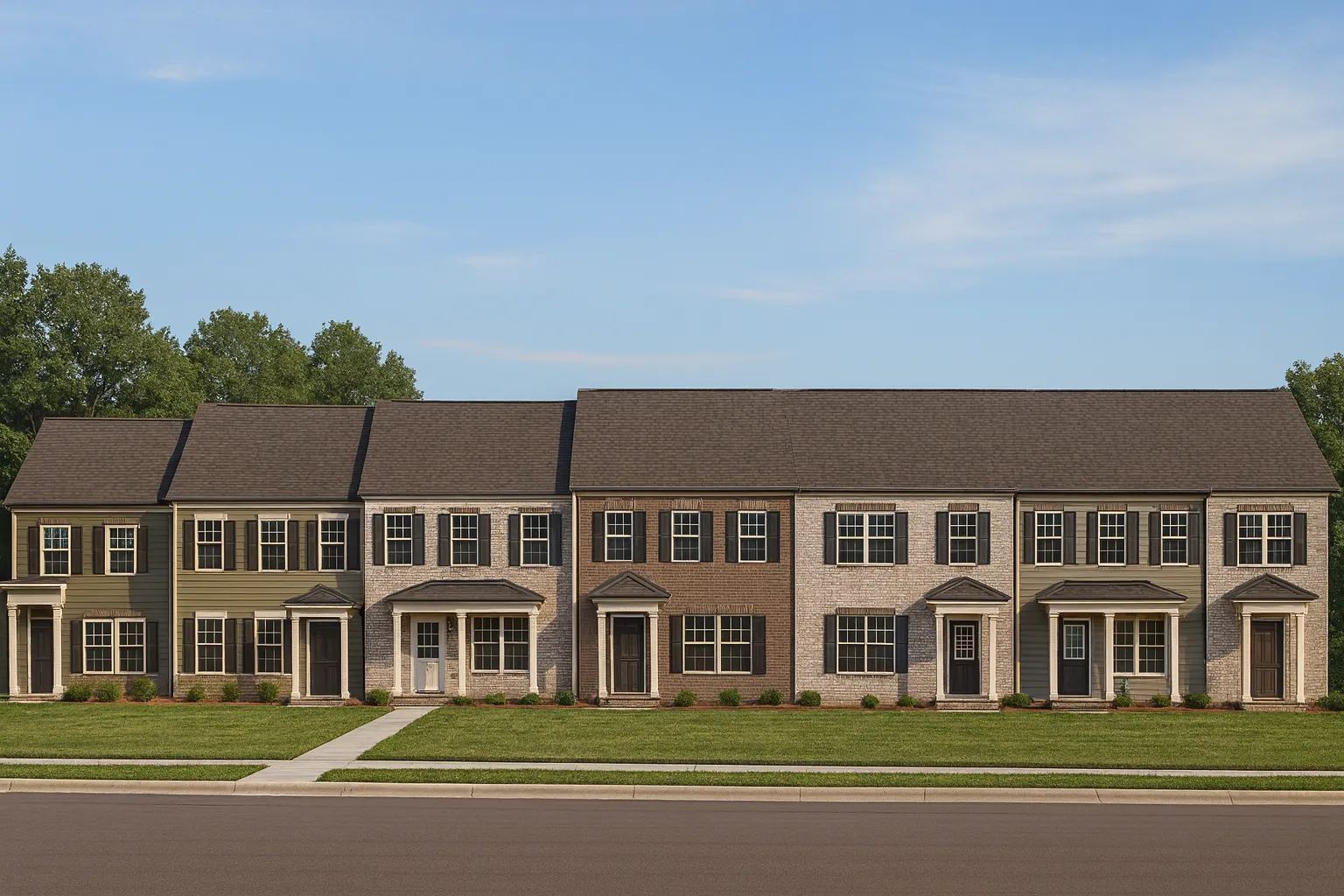Front elevation of a Traditional Colonial style townhome featuring horizontal siding, classic symmetry, and clean multi-unit architectural detailing