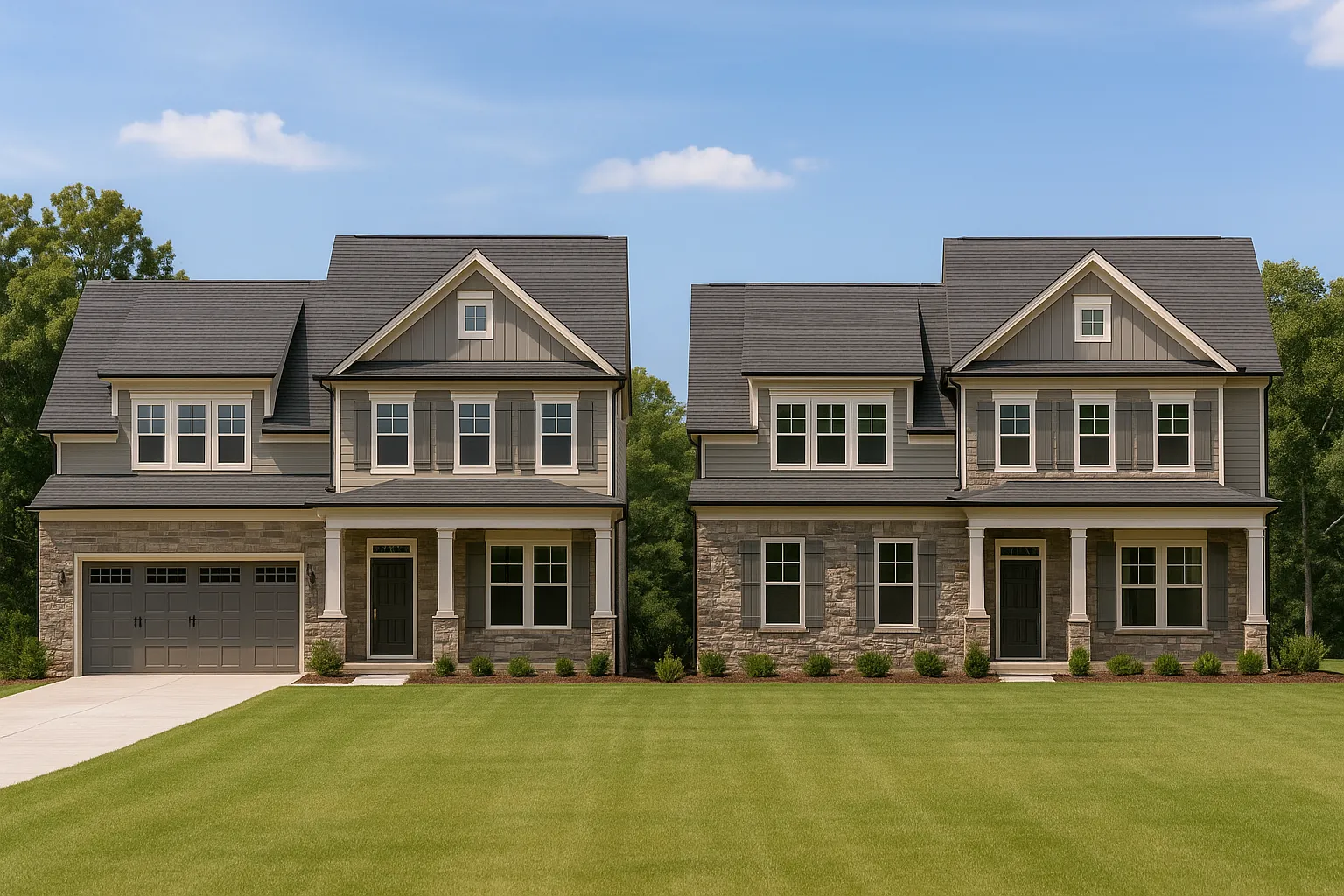 Front elevation of a Traditional Colonial style two-story house featuring horizontal siding, stone accents, board-and-batten gables, and a welcoming covered entry.