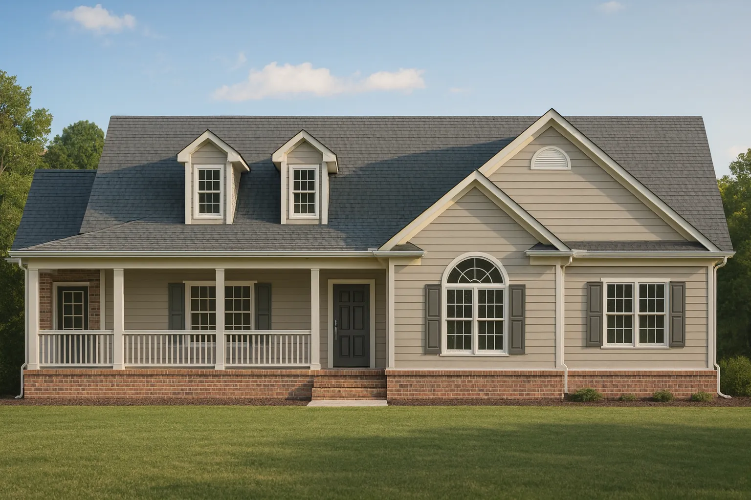 Front view of a traditional farmhouse home featuring stone accents, horizontal siding, and a covered front porch with dormer windows