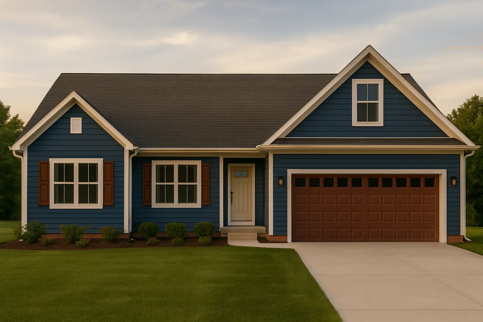 Front view of a Traditional Ranch style home featuring blue horizontal siding, white trim, and a gable roof with an attached two-car garage