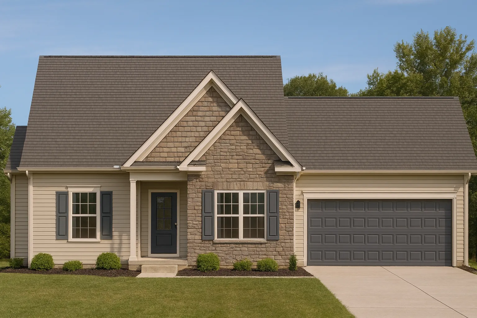 Front elevation of a Traditional Ranch Craftsman home featuring horizontal siding, stone veneer, and shingle gable details with a two-car garage.