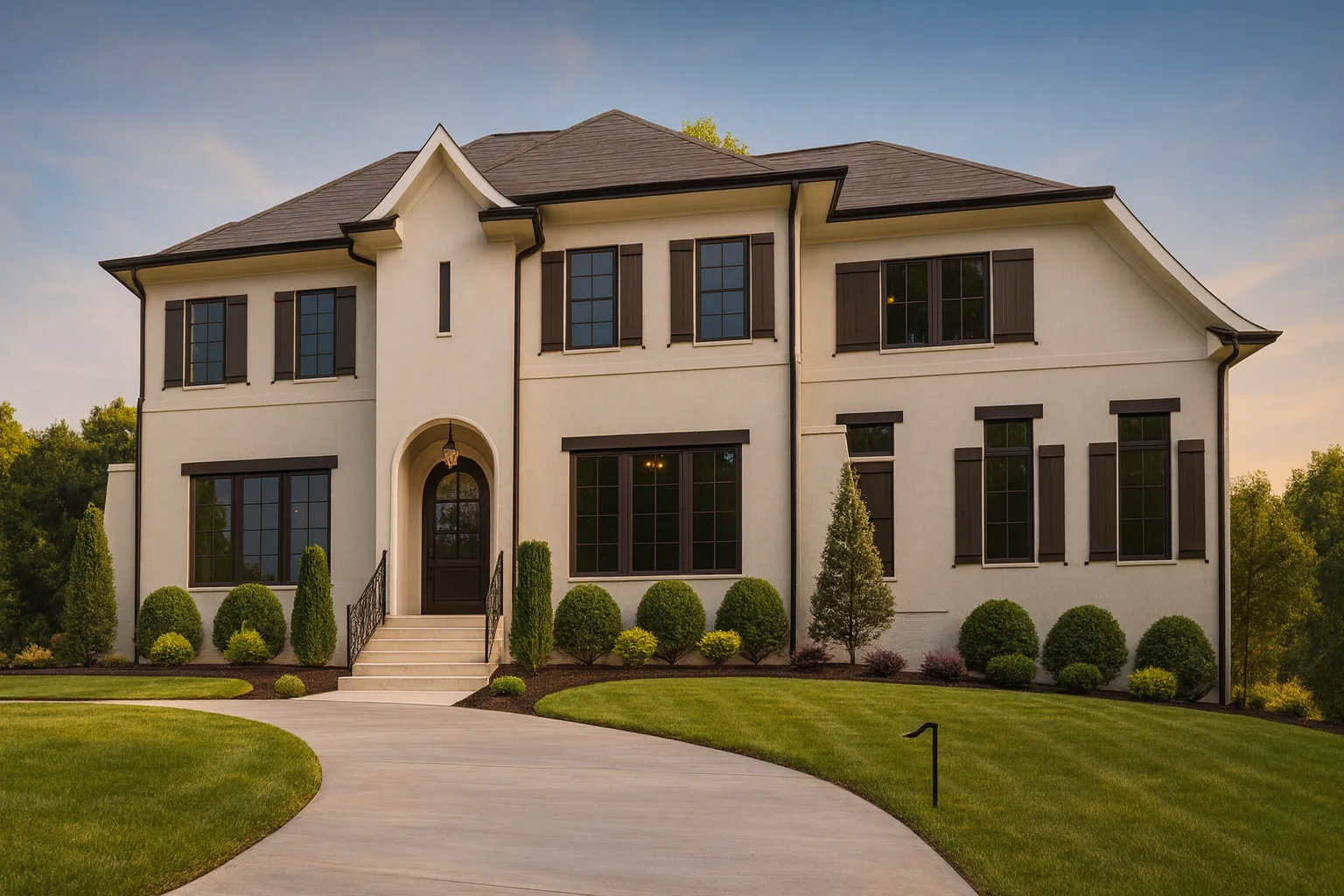 Front and side view of a Transitional Modern Traditional home featuring smooth stucco exterior, black window trim, and arched entryway design with timeless curb appeal