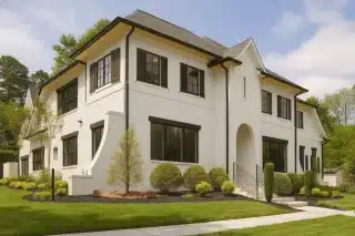 Front and side view of a Transitional Modern Traditional home featuring smooth stucco exterior, black window trim, and arched entryway design with timeless curb appeal